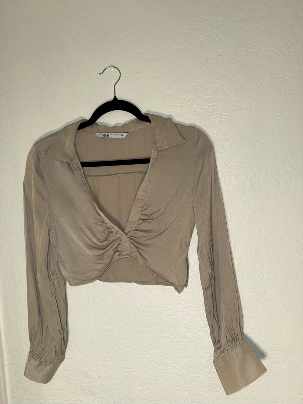Zara Taupe Ruched Collared Long-Sleeve Crop Blouse